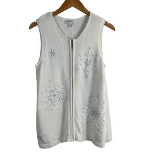 Christopher Banks Women's Sweater Vest‎ White Cotton Embroidered Holiday Size M